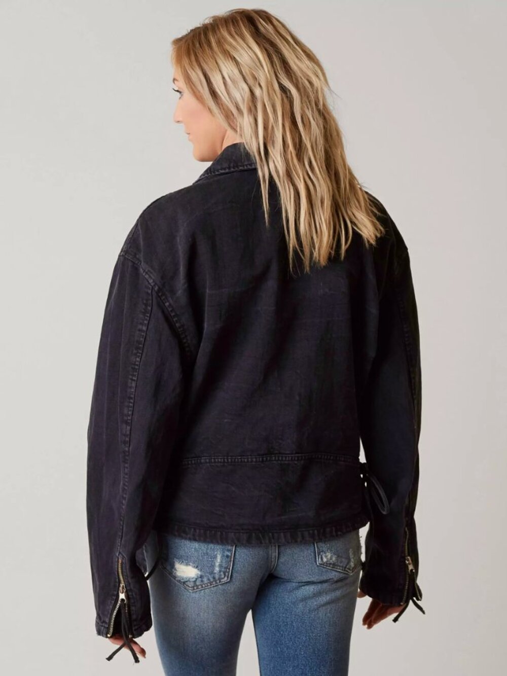 Free People Washed Black Oversized Moto Jacket L | Asym Zip Utility Belted - Picture 4 of 8